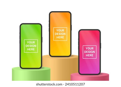 Smartphones standing on pedestal. Phone screen mockup for your design. Green, pink and orange abstract gradient backgrounds. Product display, podium. Device front view