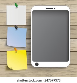 Smartphones with stickers on the wooden background. Eps 10 vector file.