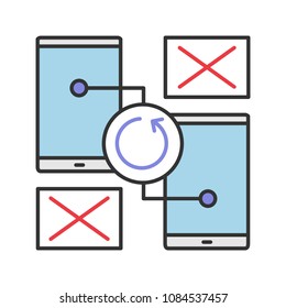 Smartphones synchronization error color icon. Data transfer. No signal or connection error. Isolated vector illustration