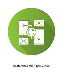 Smartphones synchronization error flat design long shadow glyph icon. Data transfer. No signal or connection error. Vector silhouette illustration
