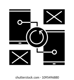Smartphones synchronization error glyph icon. Silhouette symbol. Data transfer. No signal or connection error. Negative space. Vector isolated illustration