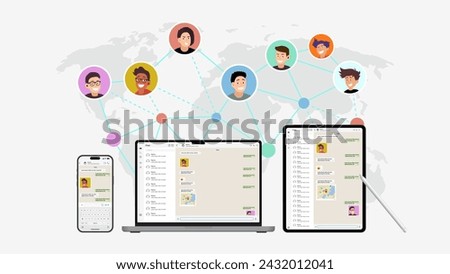 Smartphones, tablet computers and laptop computers with social messenger apps connect to the global network for online communication with friends. Avatars and a human face icon. Vector.