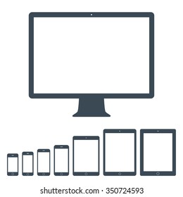 smartphones, tablets and computer monitor icon set in glyph design style isolated on white background. grey devices and gadgets symbol. stock vector illustration