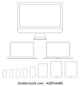 Smartphones, Tablets, Computer Monitor And Laptops Icon In Outline Design Isolated On White Background. Devices And Gadgets Set In Thin Line Style. Stock Vector Illustration