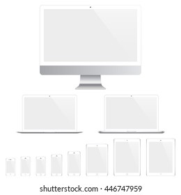 smartphones, tablets, computer monitor and laptops with blank screen isolated on white background. realistic and detailed devices mockup. stock vector illustration