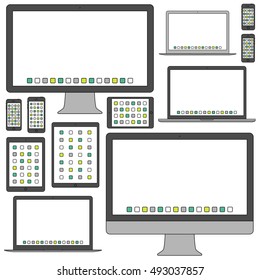smartphones, tablets, computer monitors and laptops in thin line design style isolated on white background. set of symbols devices and gadgets. stock vector illustration