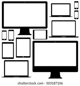 smartphones, tablets, computer monitors and laptops icon set in glyph design style isolated on white background. black devices and gadgets symbol. stock vector illustration