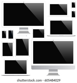 smartphones, tablets, computer monitors, laptops and stylus with black screen isolated on white background. realistic and detailed devices mockup. stock vector illustration