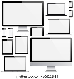 smartphones, tablets, computer monitors, laptops and stylus black color with blank screen isolated on white background. realistic and detailed devices mockup. stock vector illustration