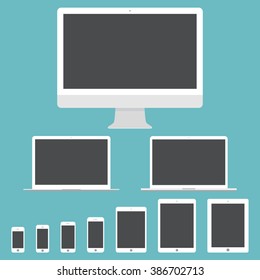 smartphones, tablets, laptops and computer monitor icon set in flat design style on blue background. devices and gadgets symbol. stock vector illustration
