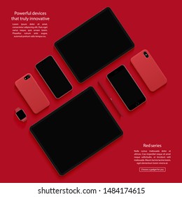 smartphones, tablets, smart watch and stylus set with black screen saver top view isolated on red background. realistic and detailed devices mockup. stock vector illustration