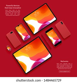 Smartphones, Tablets, Smart Watch And Stylus Set With Colored Screen Saver Top View Isolated On Red Background. Realistic And Detailed Devices Mockup. Stock Vector Illustration