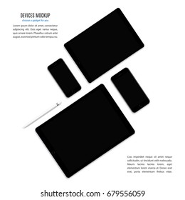 dispositivos se burlan en iphone y estilo ipad: smartphones, tabletas y lápiz con vista en blanco en la parte superior de la pantalla negra sobre fondo blanco. peajes de ilustración vectorial10