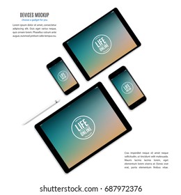 smartphones, tablets and stylus set black color with colored screen saver top view isolated on white background. realistic and detailed devices mockup. stock vector illustration