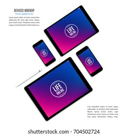 smartphones, tablets and stylus set black color with multicolor screen saver top view isolated on white background. realistic and detailed devices mockup. stock vector illustration