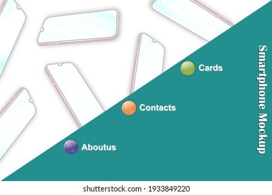 Smartphones template in different projections. Mobile phones 3d with blank screen. Cell phones on a white and green background. 3d device screen illustration