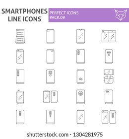 Smartphones thin line icon set, communication symbols collection, vector sketches, logo illustrations, mobile phone signs linear pictograms package isolated on white background, eps 10.