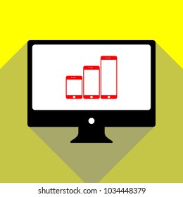 Smartphones with three sizes icons. Vector. Red icon on white monitor of black all-in-one desktop computer with two shadows at yellow background.