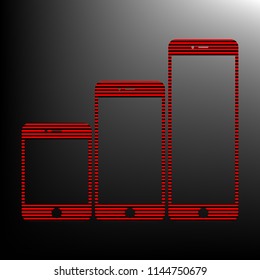 Smartphones with three sizes icons. Vector. Striped red and black icon at gradient blackish background. Zebra.