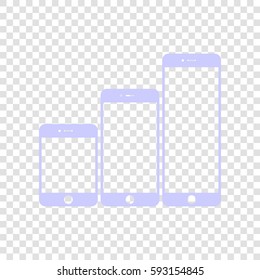 Smartphones with three sizes icons. Vector. Periwinkle icon on transparent background.