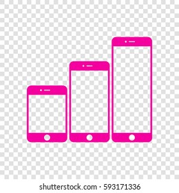 Smartphones with three sizes icons. Vector. Magenta icon on transparent background.