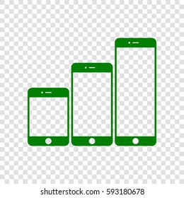 Smartphones with three sizes icons. Vector. Dark green icon on transparent background.