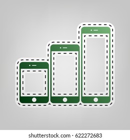 Smartphones with three sizes icons. Vector. Green icon with outline for cutting out at gray background.