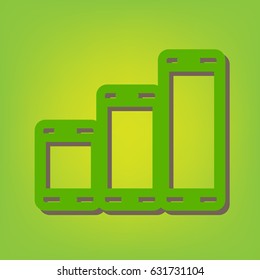 Smartphones with three sizes icons. Vector. Green line icon with brown shadow at green-yellow background.