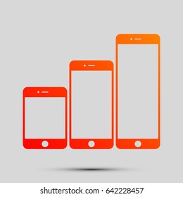 Smartphones with three sizes icons. Vector. Orange, red-yellow icon with shadow on gray background.