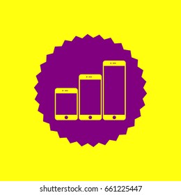 Smartphones with three sizes icons. Vector. Violet label with hole as icon on yellow background.