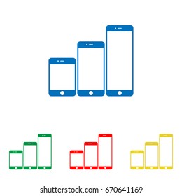 Smartphones with three sizes icons. Vector. Big blue flat icon with red, green and yellow small icons at white background. Isolated.