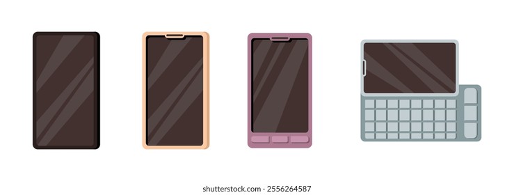 Smartphones with touchscreen and keyboard with small buttons for typing messages. Vector flat cartoon style, isolated cell phone evolution. Modern technologies for communication and talking