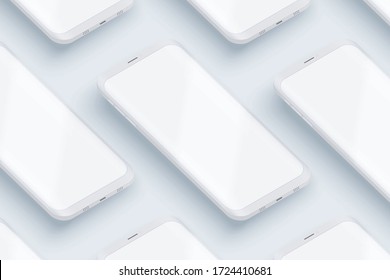 Smartphones UI layout mockup in perspective. Many example white smartphones. Technology application mockup. Vector Illustration