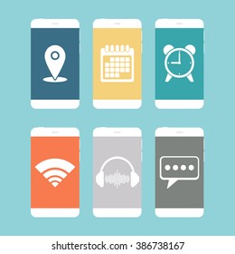 Smartphones with various icon flat design. Vector illustration.