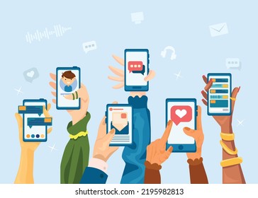 Smartphones . Vector illustration of social media use by multiple people. Various social media spaces and different apps concept.