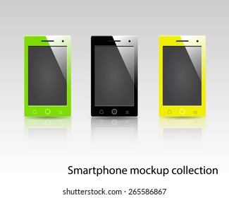 Smartphones vector mockup black, green and yellow. Can be used for background frame, brochure object, web element, app background mockup.