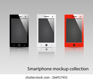 Smartphones vector mockup black, white and red. Can be used for background frame, brochure object, web element, app background mockup.