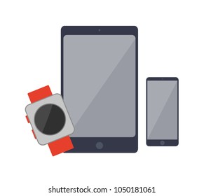 Smartphones and watch set, poster with wristwatxh and mobile phone with tablet, gadgets collection, vector illustration isolated on white background