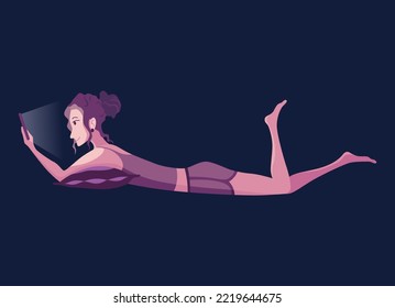 Smartphonesat night. People using gadget. Female person playing online video game or chatting on social networks in the bedtime. Charactes with phone device. Using mobile before sleep