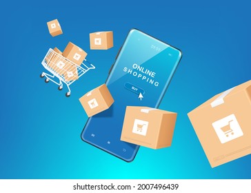 smartphone,shopping cart and parcel box floating in the air and all object on blue background for delivery and shopping online concept design,vector 3d for shopping on application smartphone