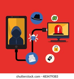 Smartphpne computer hacker and icon set. Cyber security system and media theme. Colorful design. Vector illustration