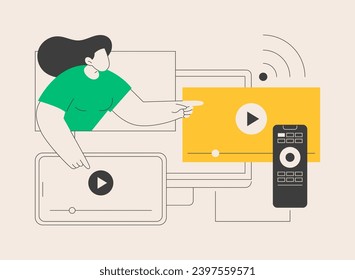 Ilustración vectorial de concepto abstracto de la tecnología SmartTV. Televisión por Internet, tecnología de transmisión en línea, accesorios de televisión inteligentes, entretenimiento en cine en casa, metáfora abstracta de vídeo de resolución de 4k.