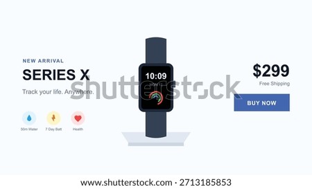 Smartwatch advertisement showcasing series x with tracking features. Promotion offers free shipping. It highlights features for tracking life anywhere, with a call to action to buy now at 299 dollars.