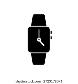 Smartwatch with analog clock hands, black silhouette vector icon