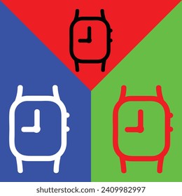 Smartwatch app vector icon, Outline style, isolated on Red, Green and Blue Background.