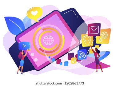Smartwatch with applications icons and users. Smartwatch app, smartwatch development and smartwatch software concept on white background. Bright vibrant violet vector isolated illustration
