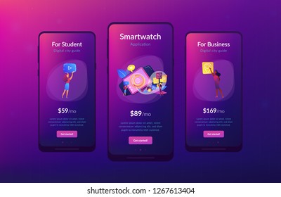 Intelligente Uhr mit Anwendungssymbolen und Benutzern. Smartwatch-App, intelligente Uhrenentwicklung und Smart-Watch-Software-Konzept auf weißem Hintergrund. Benutzeroberflächen-UX-Vorlage für mobile Benutzeroberfläche, Wireframe für App