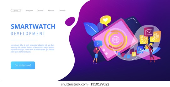 Smartwatch con iconos de aplicaciones y usuarios. Aplicación Smartwatch, desarrollo de smartwatch y concepto de software smartwatch sobre fondo blanco. Plantilla de página web de aterrizaje violeta vibrante del sitio web.