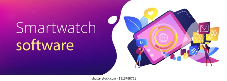 Smartwatch con iconos de aplicaciones y usuarios. Aplicación Smartwatch, desarrollo de smartwatch y concepto de software smartwatch sobre fondo blanco. Plantilla de banner de encabezado o pie de página con espacio de copia.