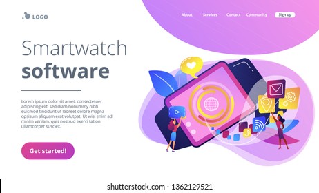 Smartwatch con iconos de aplicaciones y usuarios. Aplicación Smartwatch, desarrollo de smartwatch y concepto de software smartwatch sobre fondo blanco. Plantilla de página web de aterrizaje violeta vibrante del sitio web.